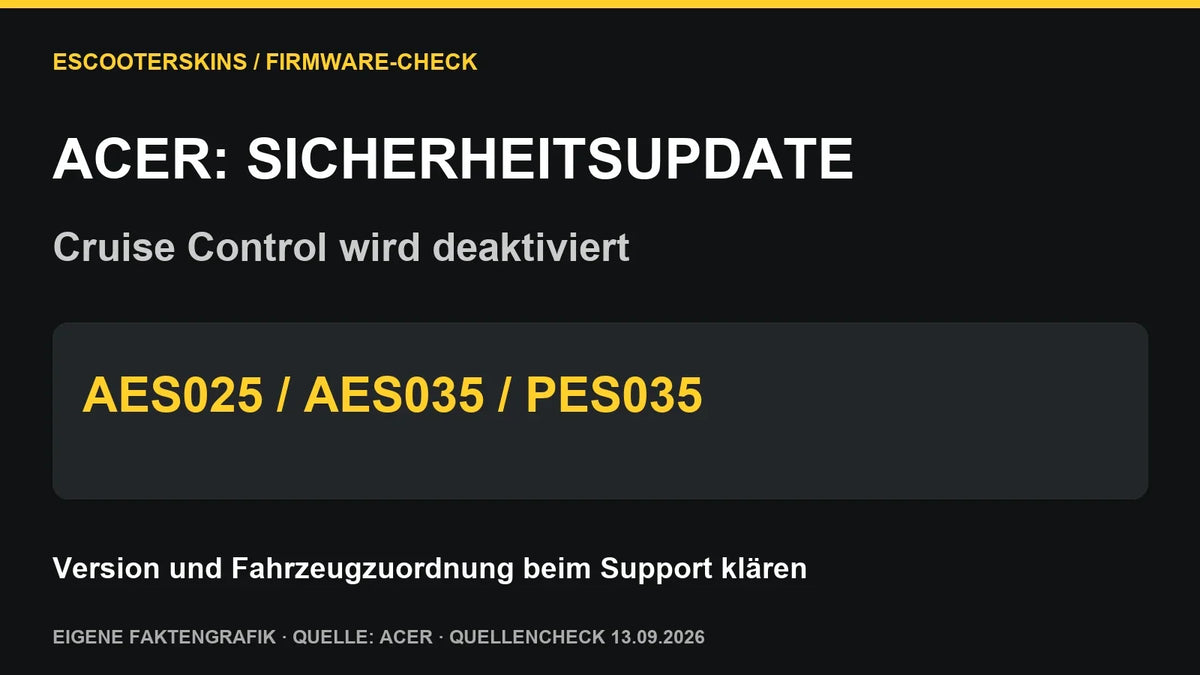 Eigene Faktengrafik zum Acer-Sicherheitsupdate für AES025, AES035 und PES035: Cruise Control wird deaktiviert; Quellencheck 13. September 2026.