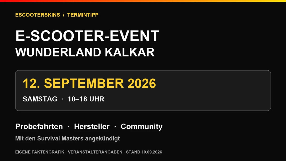 Eigene Faktengrafik zum E-Scooter-Event im Wunderland Kalkar am 12. September 2026, 10 bis 18 Uhr: Probefahrten, Hersteller und Community; Veranstalterangaben.