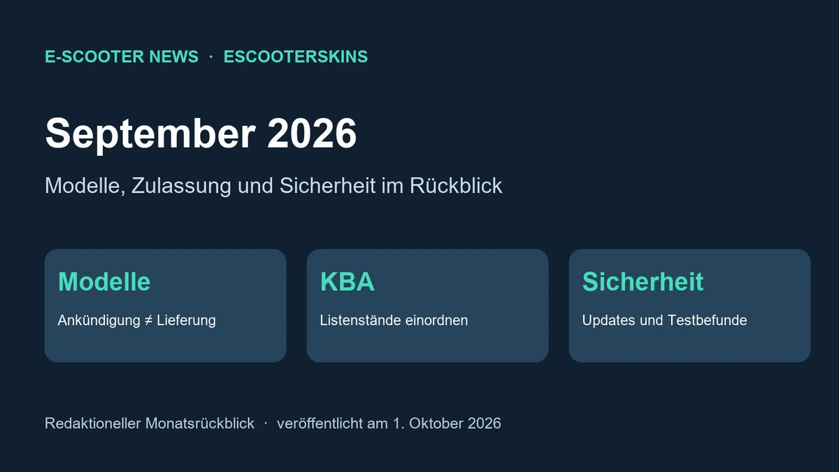 Eigene redaktionelle Faktengrafik: E-Scooter-Monatsrückblick September 2026 zu Modellen, KBA und Sicherheit