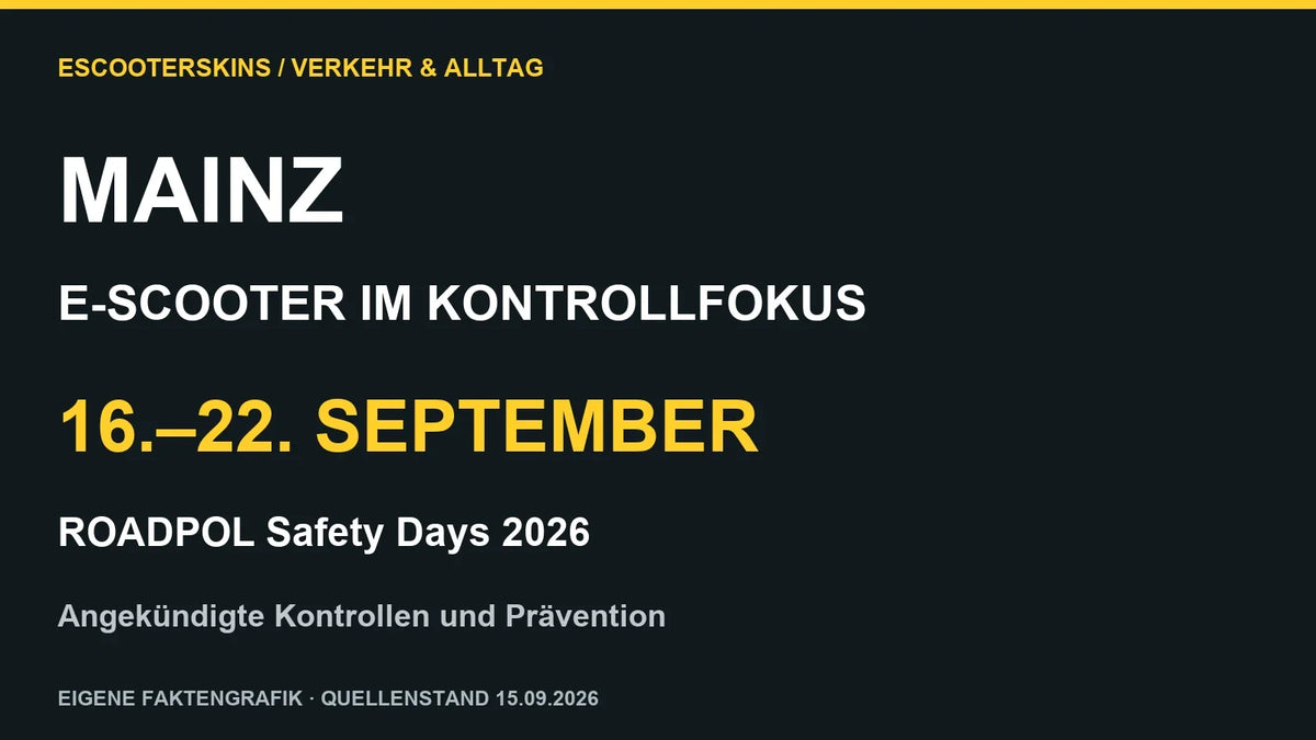 Eigene Faktengrafik: Mainz kündigt E-Scooter-Kontrollen und Prävention während der ROADPOL Safety Days vom 16. bis 22. September 2026 an.