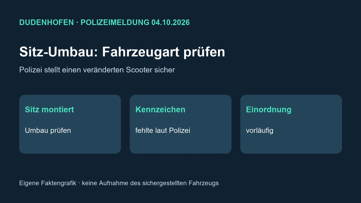 Eigene Faktengrafik: Dudenhofen, Scooter mit nachgerüstetem Sitz sichergestellt; Fahrzeugklassifizierung vorläufig