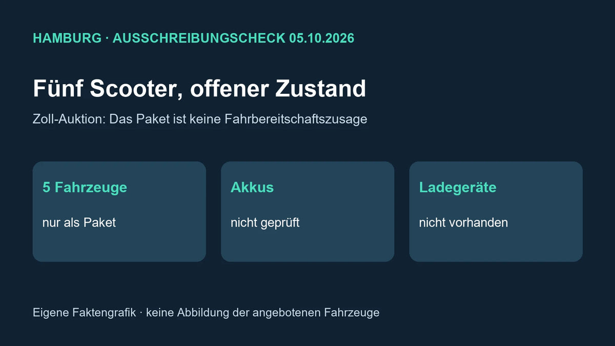 Eigene Faktengrafik: Hamburger Auktion mit fünf Scootern, ungeprüften Akkus und fehlenden Ladegeräten
