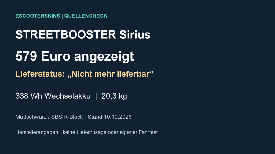 Eigene Faktengrafik: STREETBOOSTER Sirius, 579 Euro angezeigt und nicht mehr lieferbar, Stand 10.10.2026