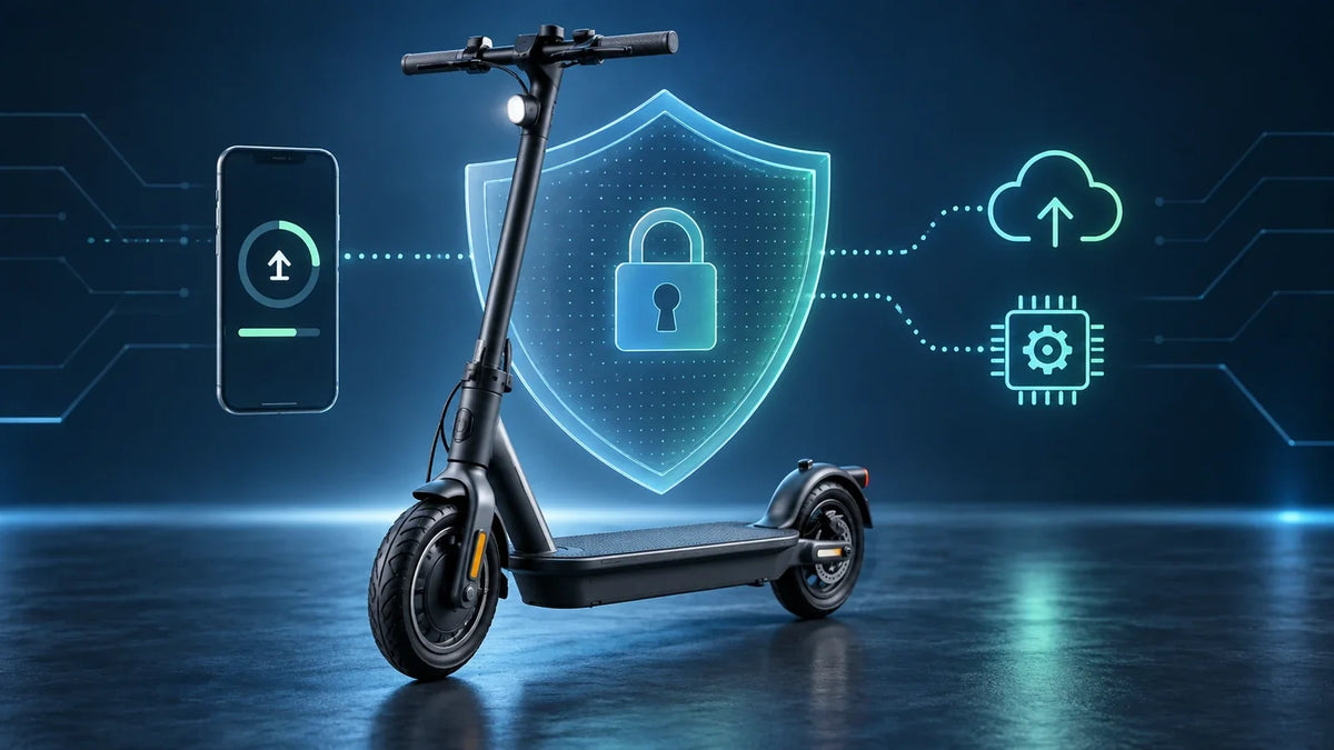 E-Scooter vor digitalem Schutzschild als Symbol für Produktsicherheit und Firmware-Updates