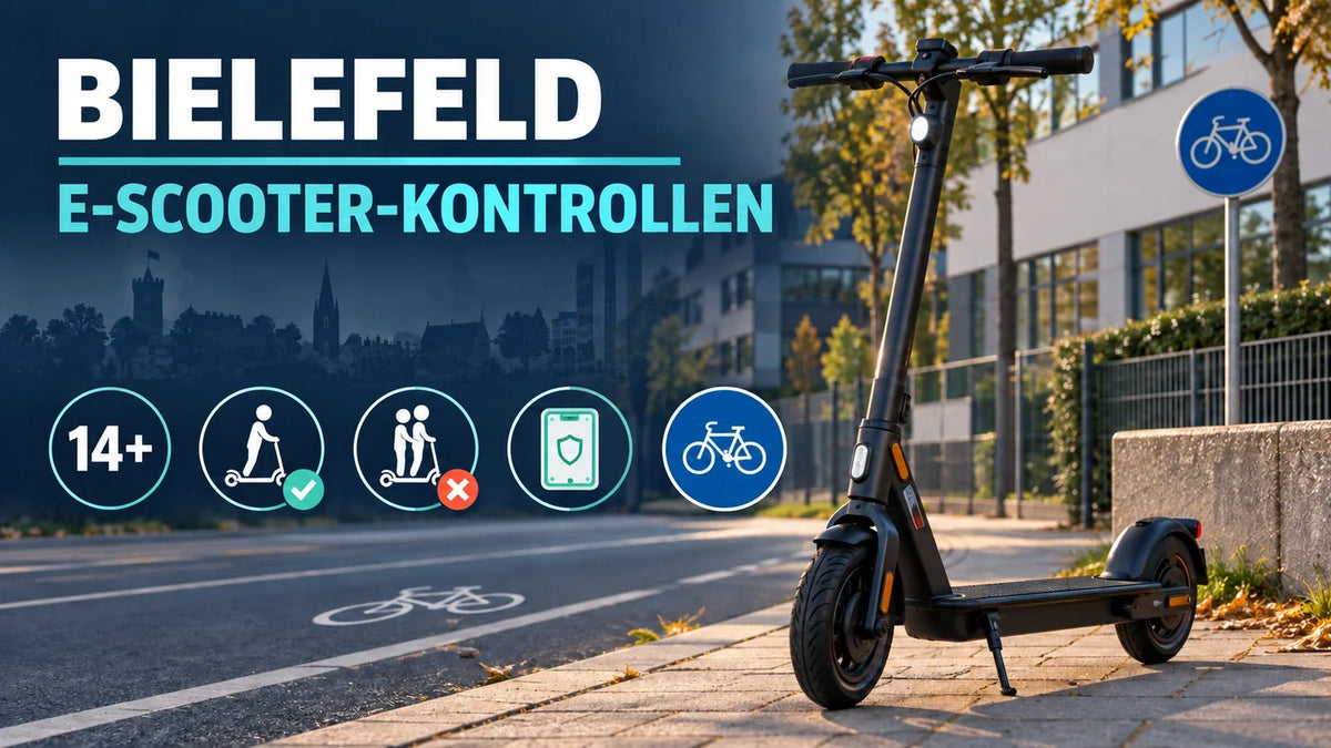 Redaktionelle Grafik zu E-Scooter-Kontrollen an Schulen in Bielefeld: Mindestalter 14, nur eine Person, Versicherung und Radweg.