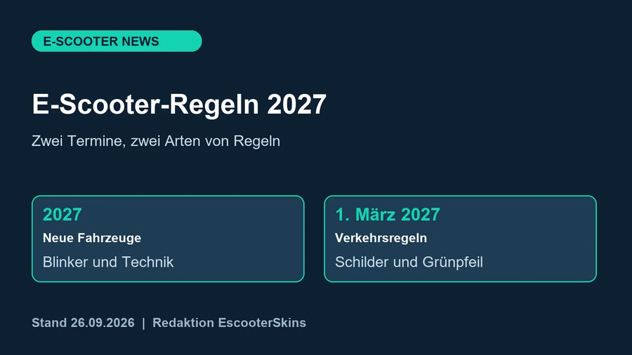 Eigene Übersicht zu den E-Scooter-Regeln: technische Anforderungen für neue Fahrzeuge ab 2027 und Verkehrsregeln ab 1. März 2027.