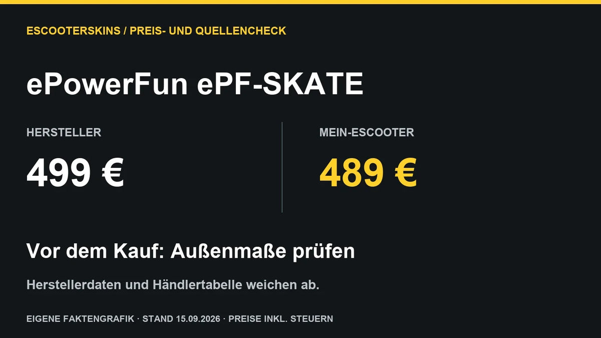 Eigene Faktengrafik: ePF-SKATE für 499 Euro beim Hersteller und 489 Euro bei Mein-eScooter; Maßangaben prüfen. Stand 15. September 2026.