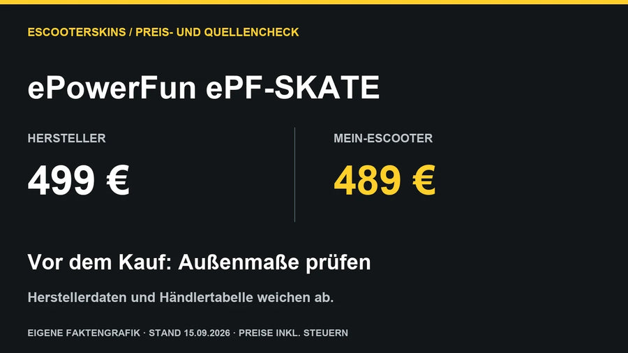 Eigene Faktengrafik: ePF-SKATE für 499 Euro beim Hersteller und 489 Euro bei Mein-eScooter; Maßangaben prüfen. Stand 15. September 2026.