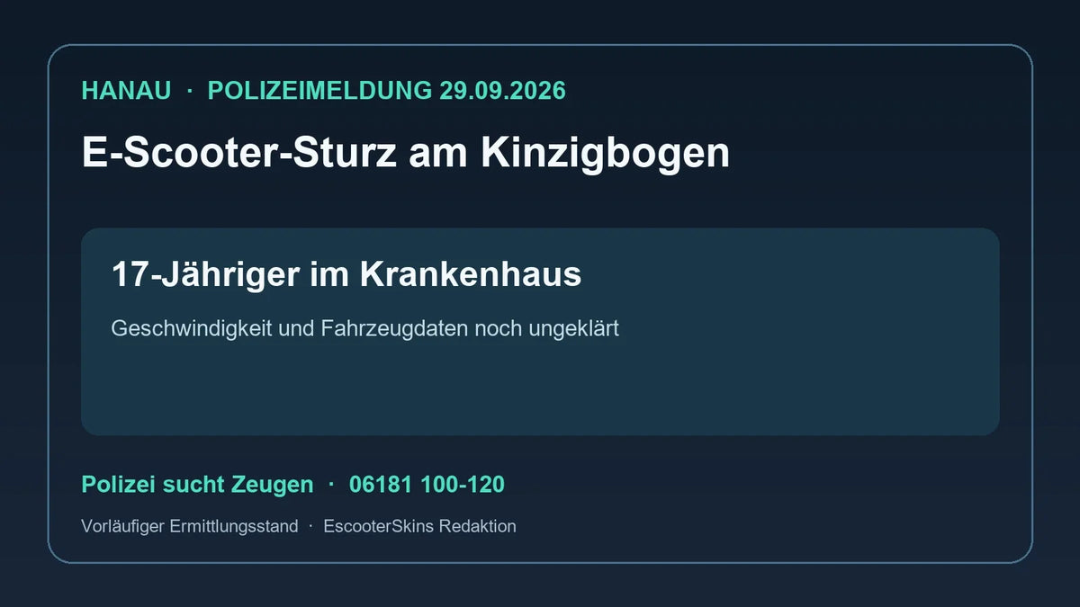 Eigene Faktengrafik zur Polizeimeldung Hanau: 17-Jähriger nach E-Scooter-Sturz im Krankenhaus, Geschwindigkeit und Fahrzeugdaten ungeklärt