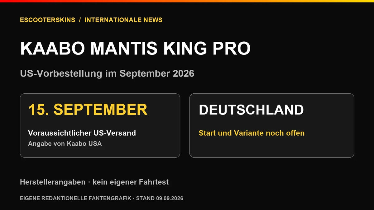 Eigene Faktengrafik zum Kaabo Mantis King Pro: voraussichtlicher US-Versand ab 15. September 2026; Deutschlandstart und Variante noch offen.
