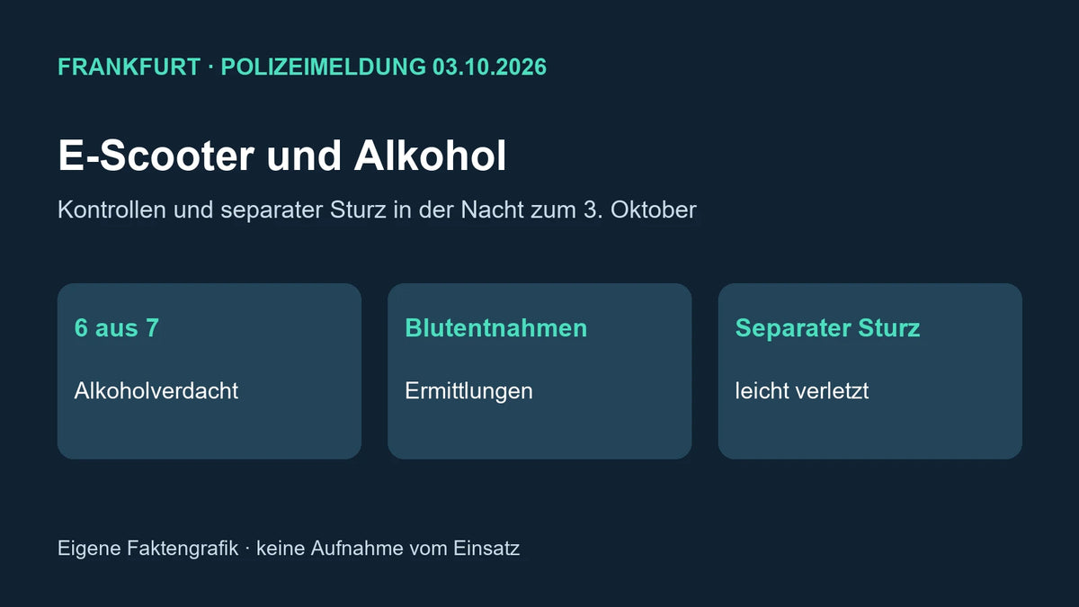 Eigene Faktengrafik: Frankfurter E-Scooter-Kontrollen unter Alkoholverdacht und separater Sturz am 3. Oktober 2026