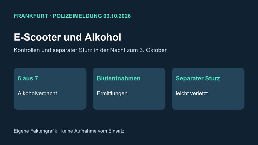 Eigene Faktengrafik: Frankfurter E-Scooter-Kontrollen unter Alkoholverdacht und separater Sturz am 3. Oktober 2026