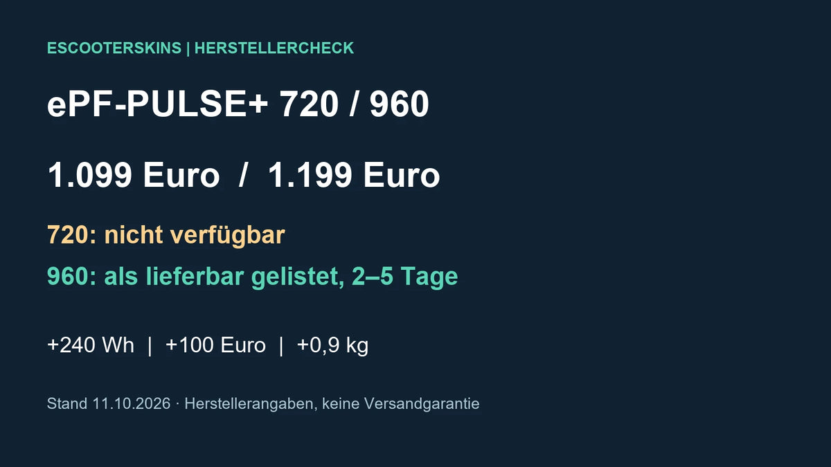 Eigene Faktengrafik: ePF-PULSE+ 720 und 960, Preis- und Lieferstatusvergleich vom 11.10.2026