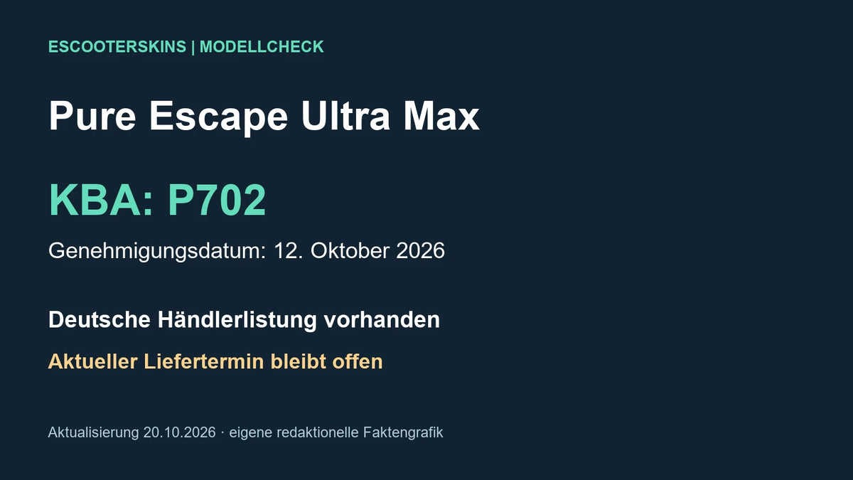 Eigene Faktengrafik zum Pure Escape Ultra Max: KBA P702, Genehmigungsdatum 12. Oktober 2026, deutsche Händlerlistung, Liefertermin offen. Stand 20. Oktober.
