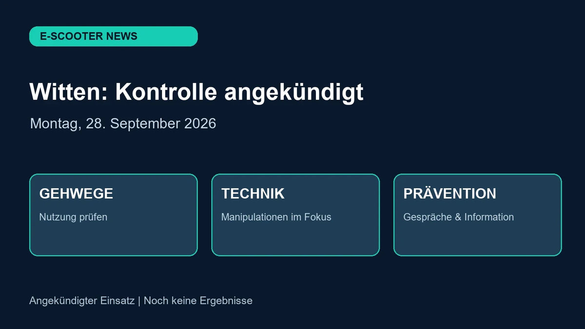 Eigene redaktionelle Faktengrafik zur für den 28. September 2026 angekündigten E-Scooter-Kontrolle in Witten; Gehwege, Technik und Prävention