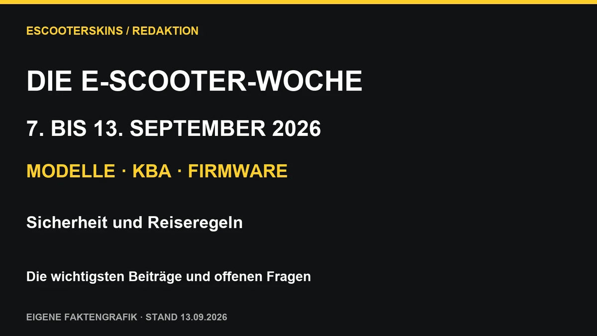 Eigene redaktionelle Grafik zum E-Scooter-Wochenrückblick vom 7. bis 13. September 2026: Modelle, KBA, Firmware, Sicherheit und Reiseregeln.