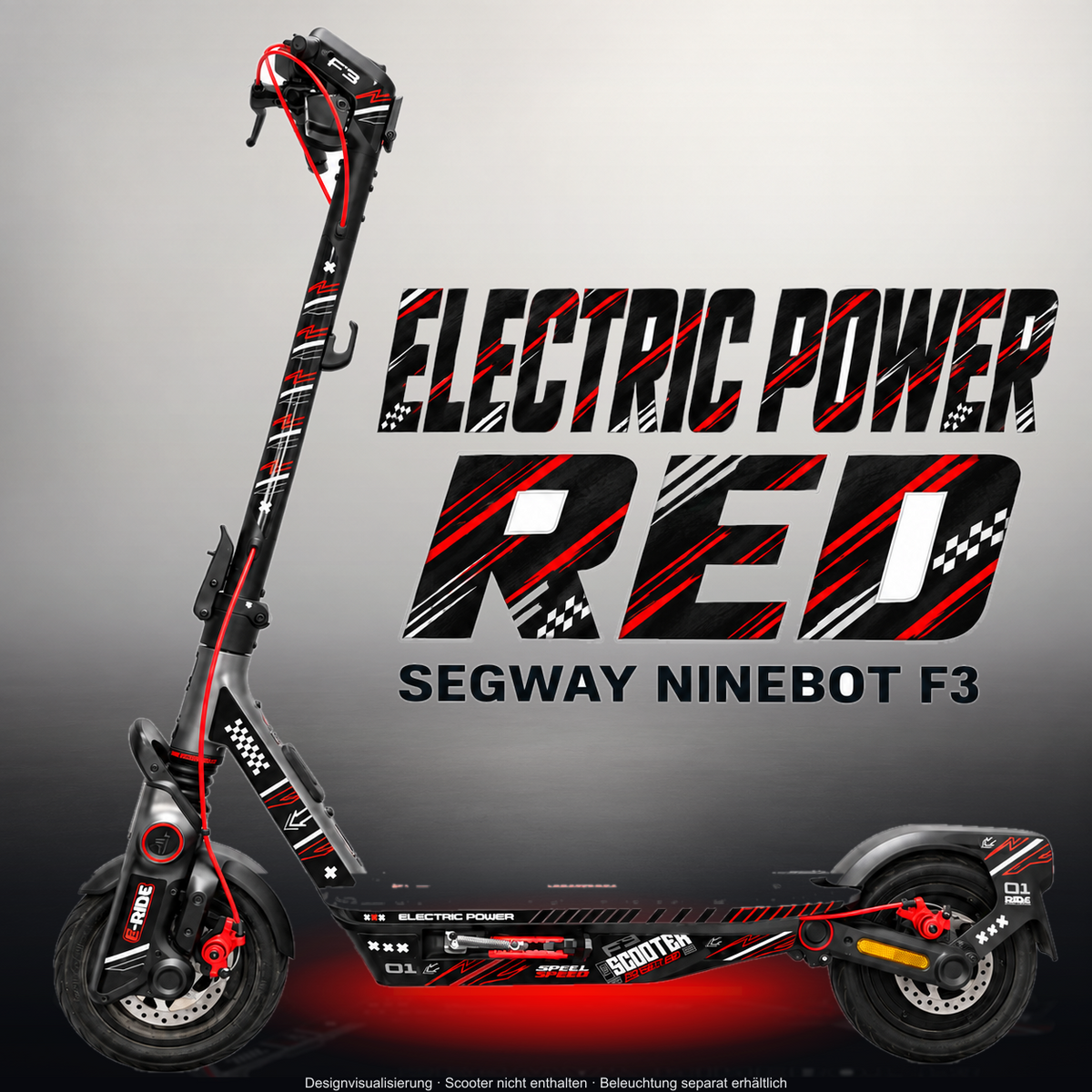 SEGWAY NINEBOT F3 / F3 PRO SKIN | ELECTRIC POWER RED – Studiofoto mit Licht in der Skinfarbe; Scooter und Beleuchtung separat erhältlich