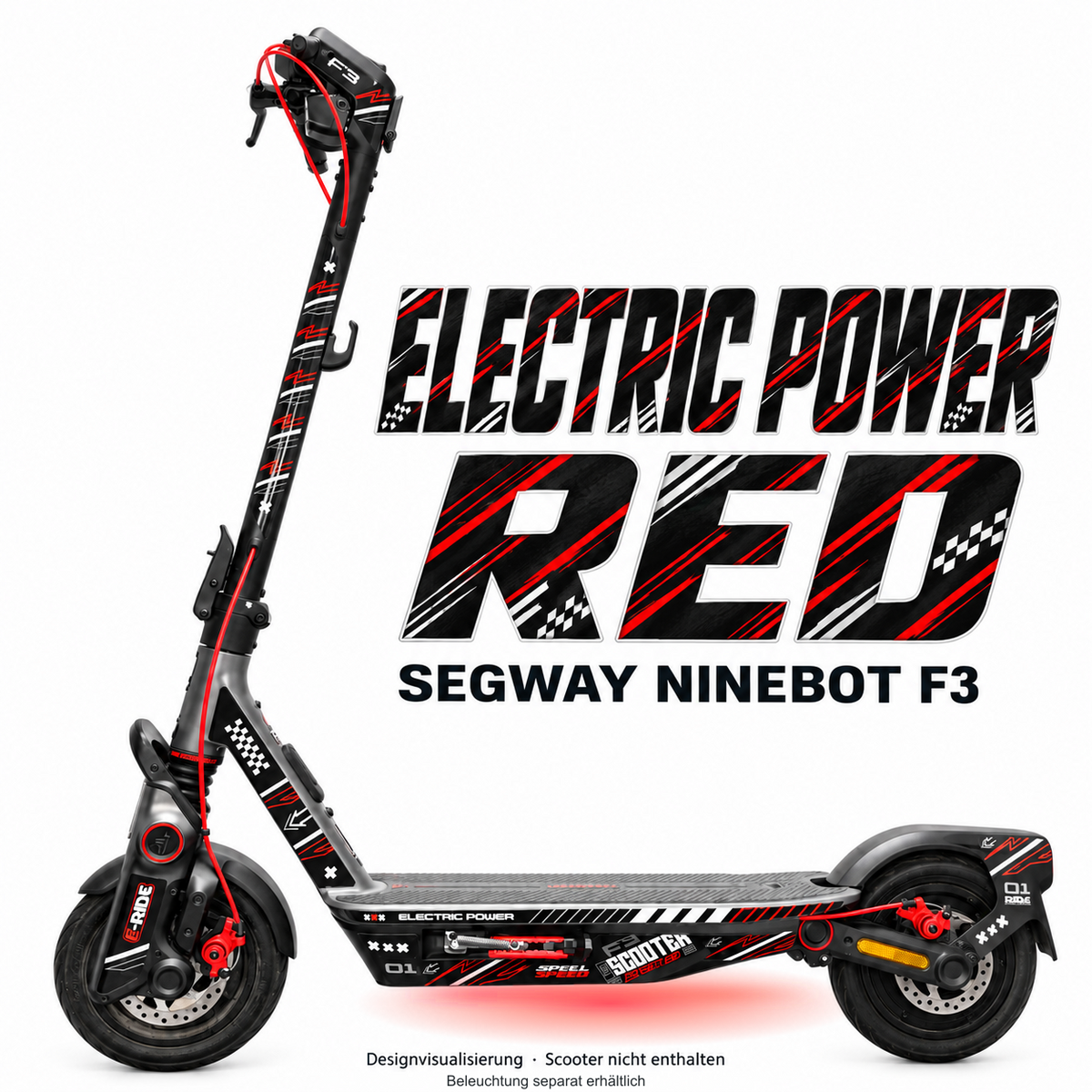 Skin-Designvisualisierung mit farblich passendem Lichtschein; Scooter nicht enthalten, Beleuchtung separat erhältlich