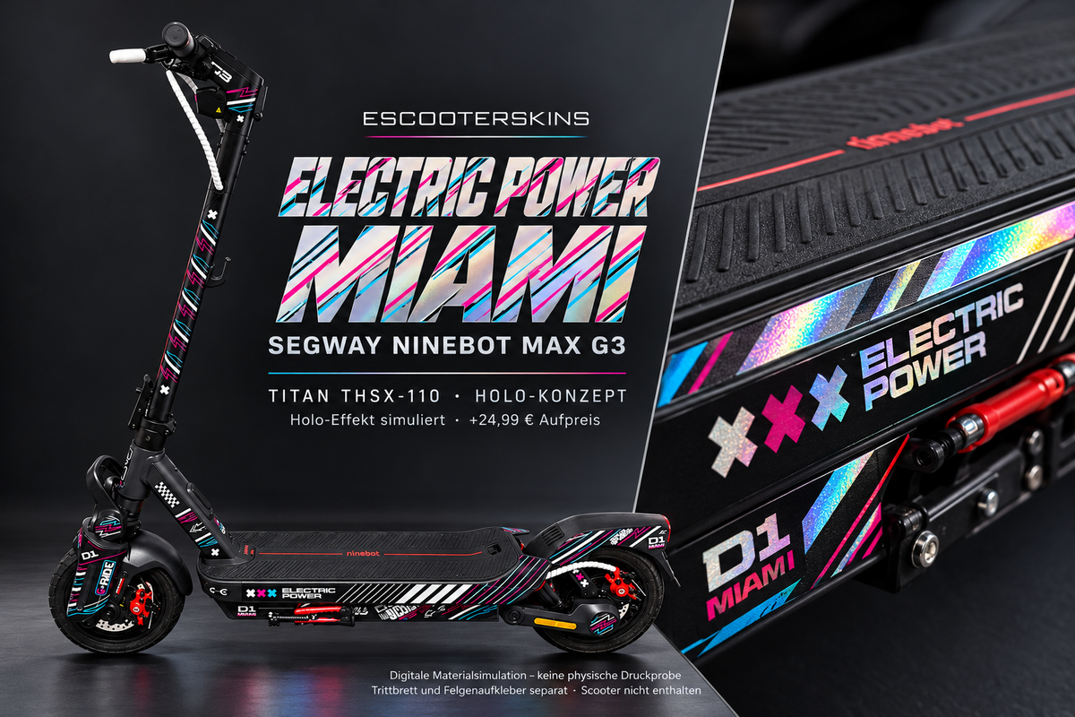 SEGWAY NINEBOT G3 / G3 D / G3 E SKIN | ELECTRIC POWER MIAMI – Holo-Effekt simuliert; +24,99 EUR Aufpreis. Digitale Materialsimulation, keine physische Druckprobe. Nur Body-Skin; Trittbrett und Felgenaufkleber separat; Scooter nicht enthalten.