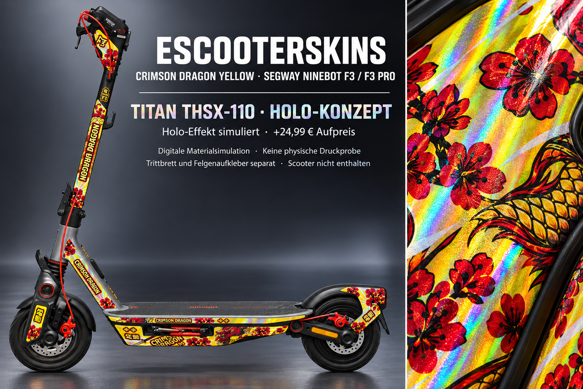 SEGWAY NINEBOT F3 / F3 PRO SKIN | CRIMSON DRAGON YELLOW – Holo-Effekt simuliert; +24,99 EUR Aufpreis. Digitale Materialsimulation, keine physische Druckprobe. Nur Body-Skin; Trittbrett und Felgenaufkleber separat; Scooter nicht enthalten.
