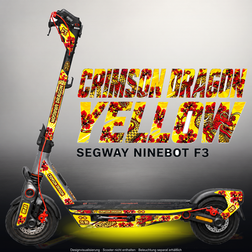 SEGWAY NINEBOT F3 / F3 PRO SKIN | CRIMSON DRAGON YELLOW – Studiofoto mit Licht in der Skinfarbe; Scooter und Beleuchtung separat erhältlich