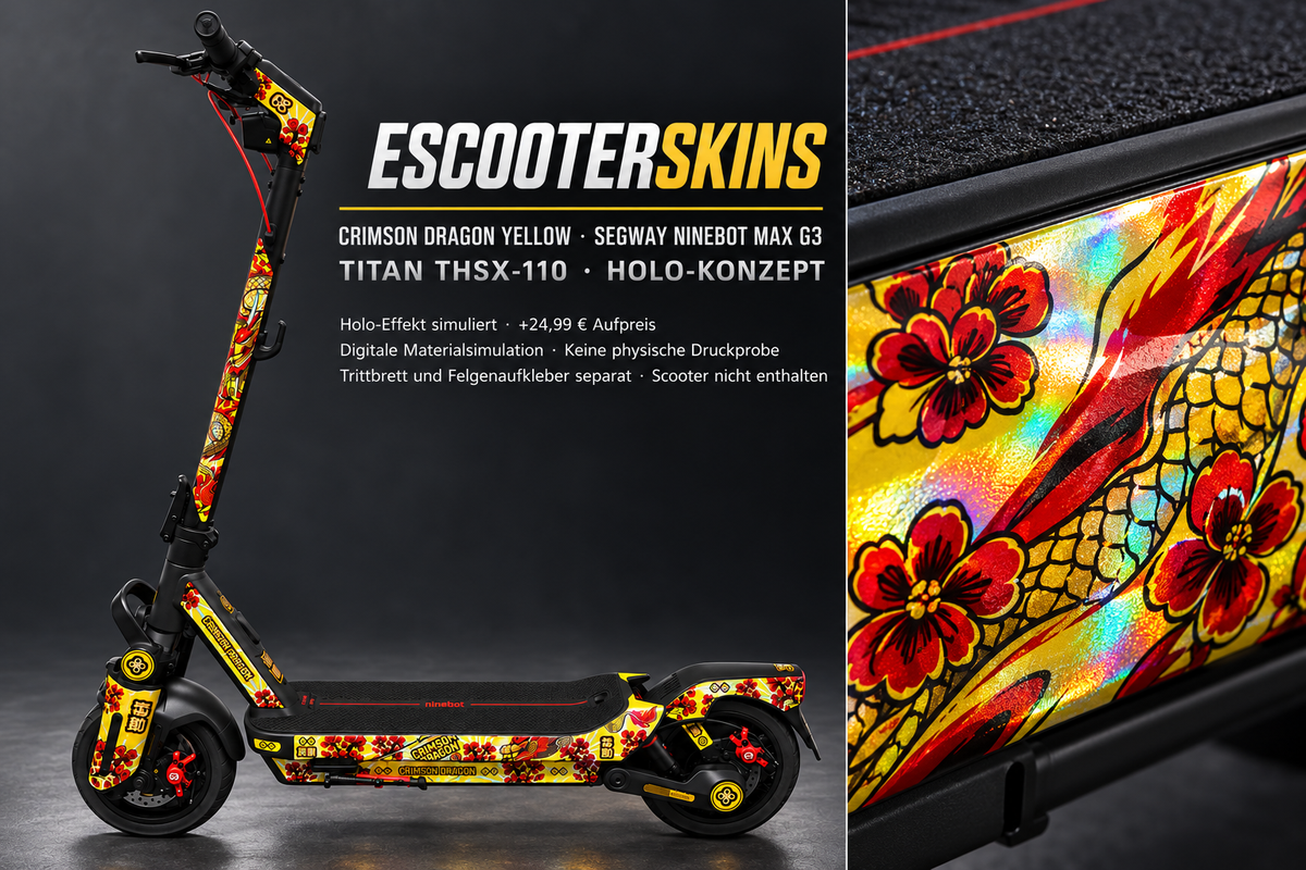 SEGWAY NINEBOT G3 / G3 D / G3 E SKIN | CRIMSON DRAGON YELLOW – Holo-Effekt simuliert; +24,99 EUR Aufpreis. Digitale Materialsimulation, keine physische Druckprobe. Nur Body-Skin; Trittbrett und Felgenaufkleber separat; Scooter nicht enthalten.