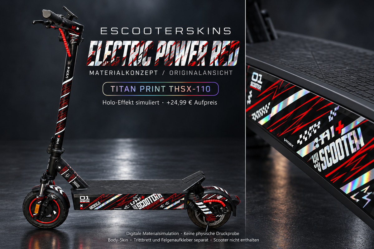 ELECTRIC POWER RED · Holo-Effekt simuliert · +24,99 € Aufpreis · digitale Materialsimulation, keine physische Druckprobe; Trittbrett und Felgenaufkleber separat; Scooter nicht enthalten.