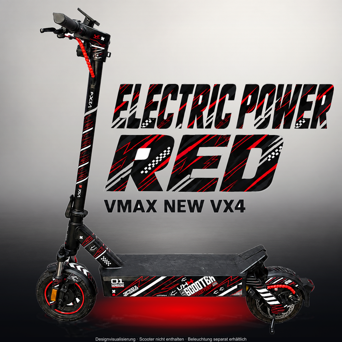 VMAX NEW VX4 SKIN | ELECTRIC POWER RED – Studiofoto mit Licht in der Skinfarbe; Scooter und Beleuchtung separat erhältlich