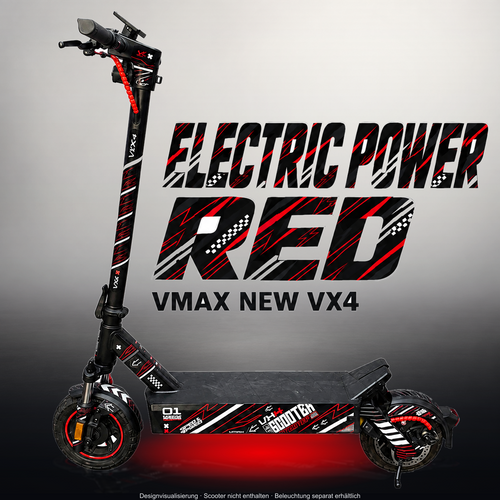 VMAX NEW VX4 SKIN | ELECTRIC POWER RED – Studiofoto mit Licht in der Skinfarbe; Scooter und Beleuchtung separat erhältlich