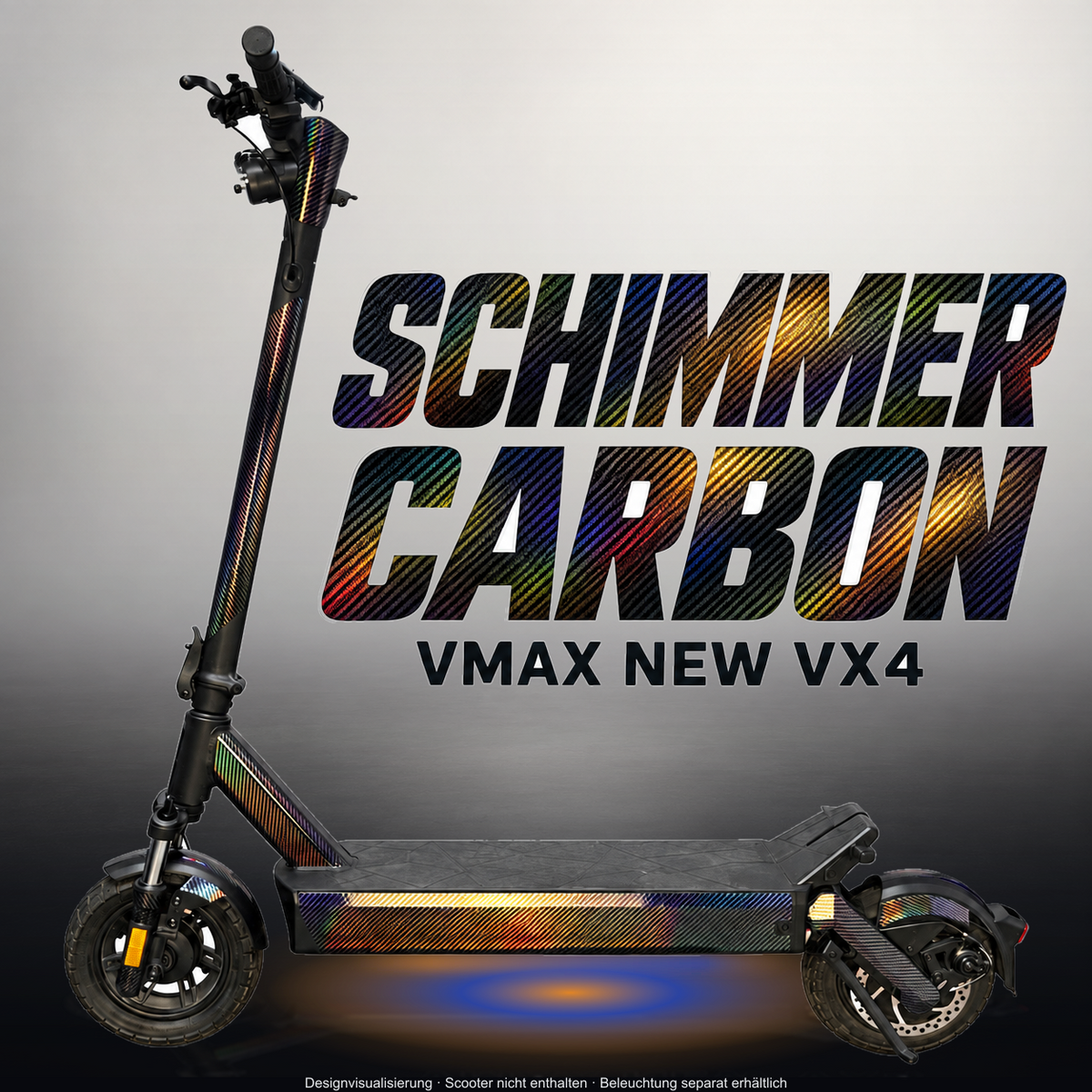 VMAX NEW VX4 SKIN | SCHIMMER CARBON – Studiofoto mit Licht in der Skinfarbe; Scooter und Beleuchtung separat erhältlich