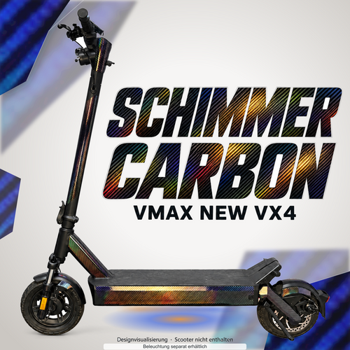 VMAX NEW VX4 SKIN | SCHIMMER CARBON – Designvisualisierung mit Lichtschein in Skin-Farben. Scooter nicht enthalten; Beleuchtung separat erhältlich.