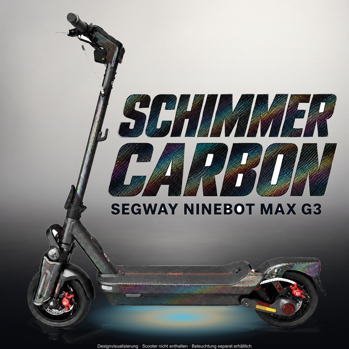 SEGWAY NINEBOT G3 / G3 D / G3 E SKIN | SCHIMMER CARBON – Studiofoto mit Licht in der Skinfarbe; Scooter und Beleuchtung separat erhältlich