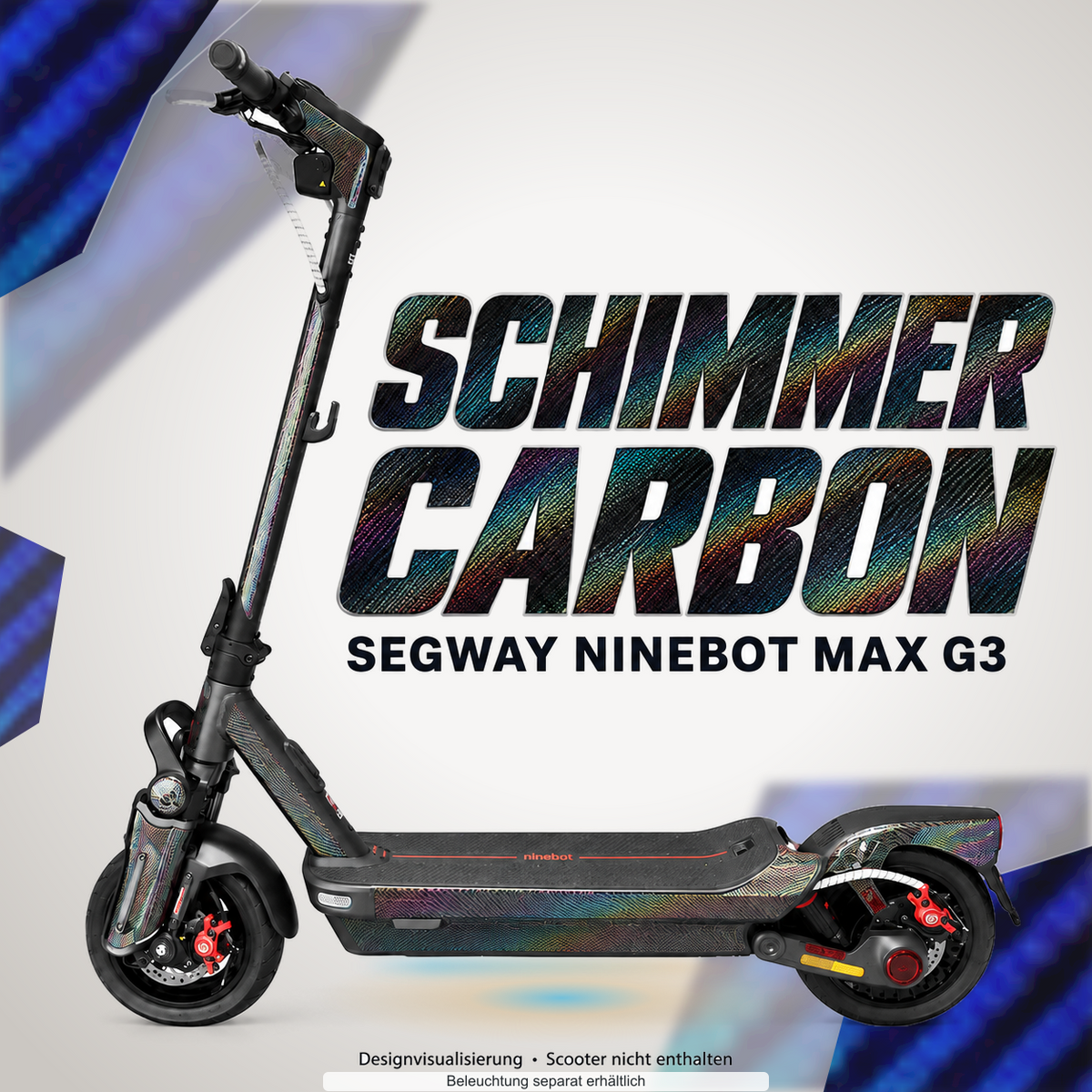 SEGWAY NINEBOT G3 / G3 D / G3 E SKIN | SCHIMMER CARBON – Designvisualisierung mit Lichtschein in Skin-Farben. Scooter nicht enthalten; Beleuchtung separat erhältlich.