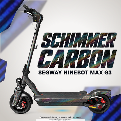 SEGWAY NINEBOT G3 / G3 D / G3 E SKIN | SCHIMMER CARBON – Designvisualisierung mit Lichtschein in Skin-Farben. Scooter nicht enthalten; Beleuchtung separat erhältlich.