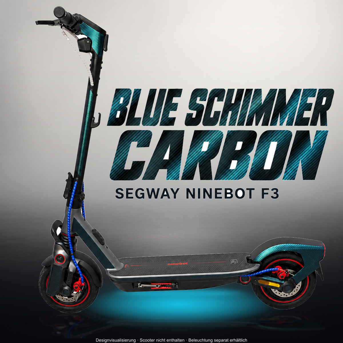SEGWAY NINEBOT F3 / F3 PRO SKIN | BLUE SCHIMMER CARBON – Studiofoto mit Licht in der Skinfarbe; Scooter und Beleuchtung separat erhältlich
