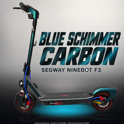 SEGWAY NINEBOT F3 / F3 PRO SKIN | BLUE SCHIMMER CARBON – Studiofoto mit Licht in der Skinfarbe; Scooter und Beleuchtung separat erhältlich