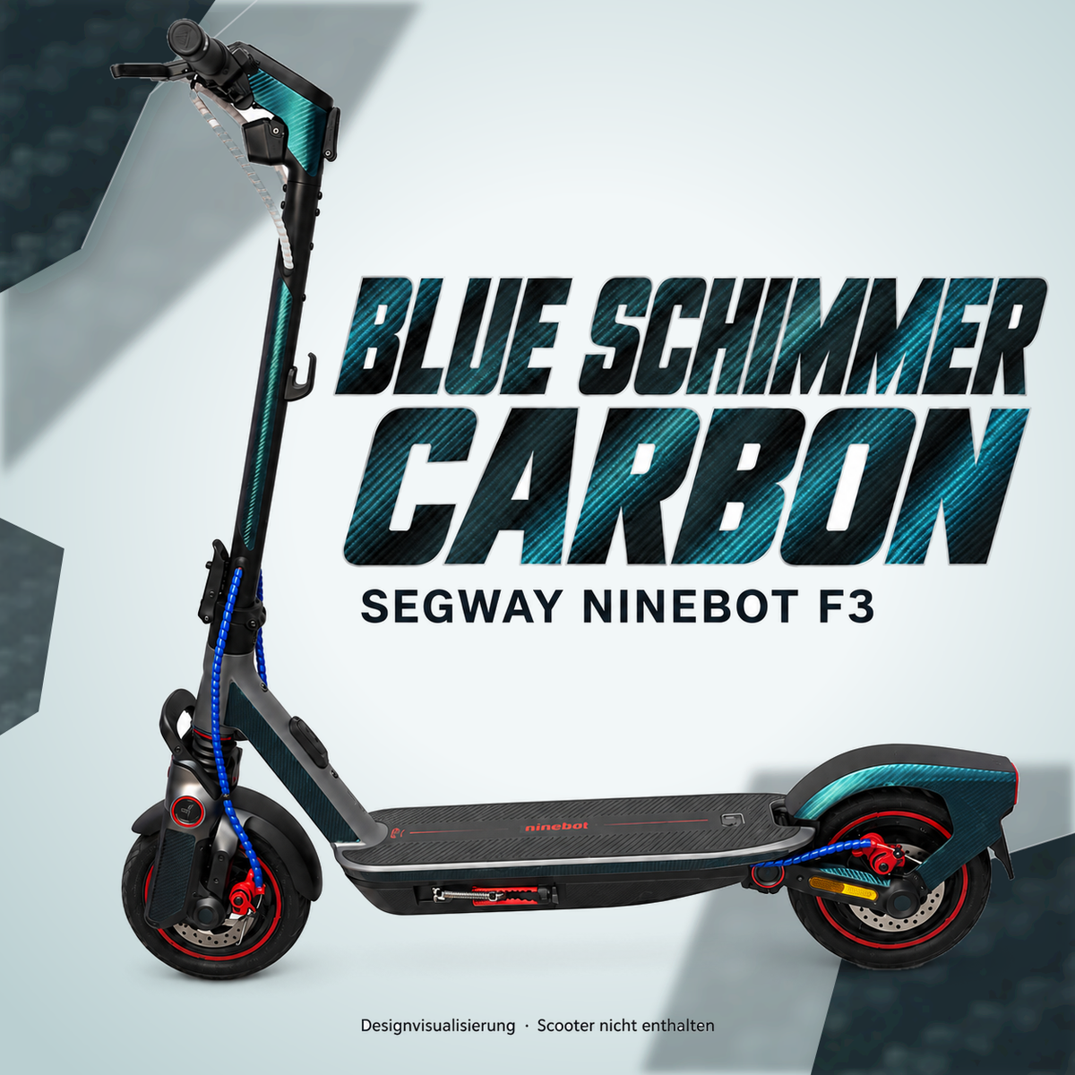 SEGWAY NINEBOT F3 SKIN | BLUE SCHIMMER CARBON – Designvisualisierung am passenden Scooter. Scooter nicht enthalten.