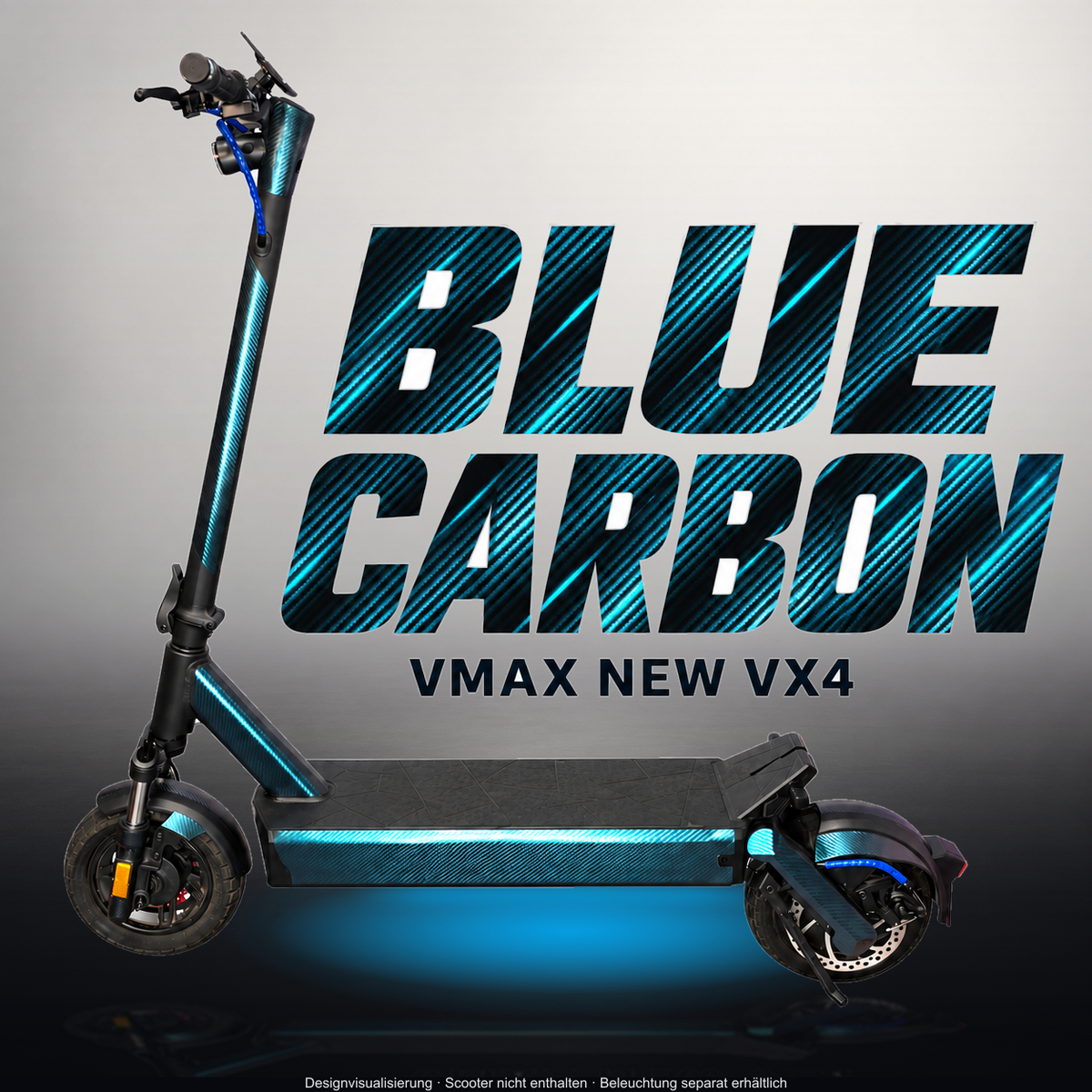 VMAX NEW VX4 SKIN | BLUE CARBON – Studiofoto mit Licht in der Skinfarbe; Scooter und Beleuchtung separat erhältlich
