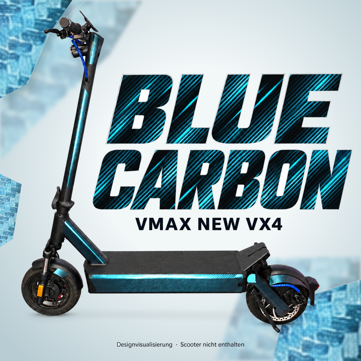VMAX NEW VX4 SKIN | BLUE CARBON – Designvisualisierung am passenden Scooter. Scooter nicht enthalten.