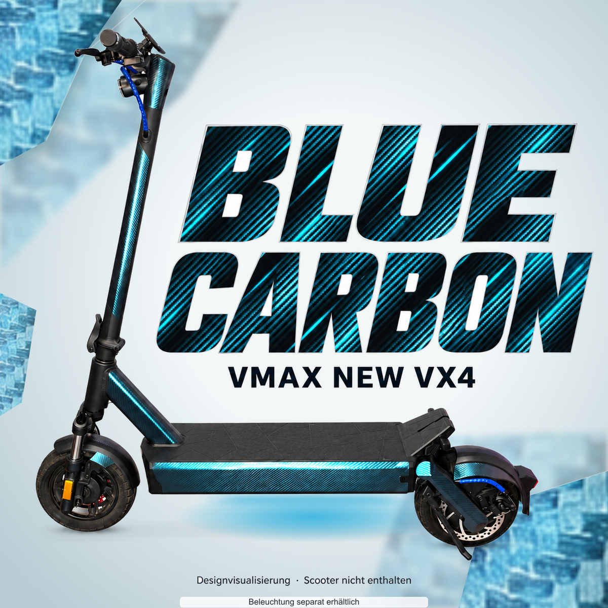 VMAX NEW VX4 SKIN | BLUE CARBON – Designvisualisierung mit Lichtschein in Skin-Farben. Scooter nicht enthalten; Beleuchtung separat erhältlich.