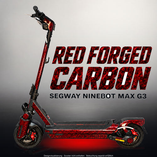 SEGWAY NINEBOT G3 / G3 D / G3 E SKIN | RED FORGED CARBON – Studiofoto mit Licht in der Skinfarbe; Scooter und Beleuchtung separat erhältlich