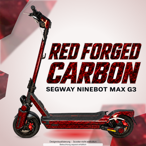 SEGWAY NINEBOT G3 / G3 D / G3 E SKIN | RED FORGED CARBON – Designvisualisierung mit Lichtschein in Skin-Farben. Scooter nicht enthalten; Beleuchtung separat erhältlich.