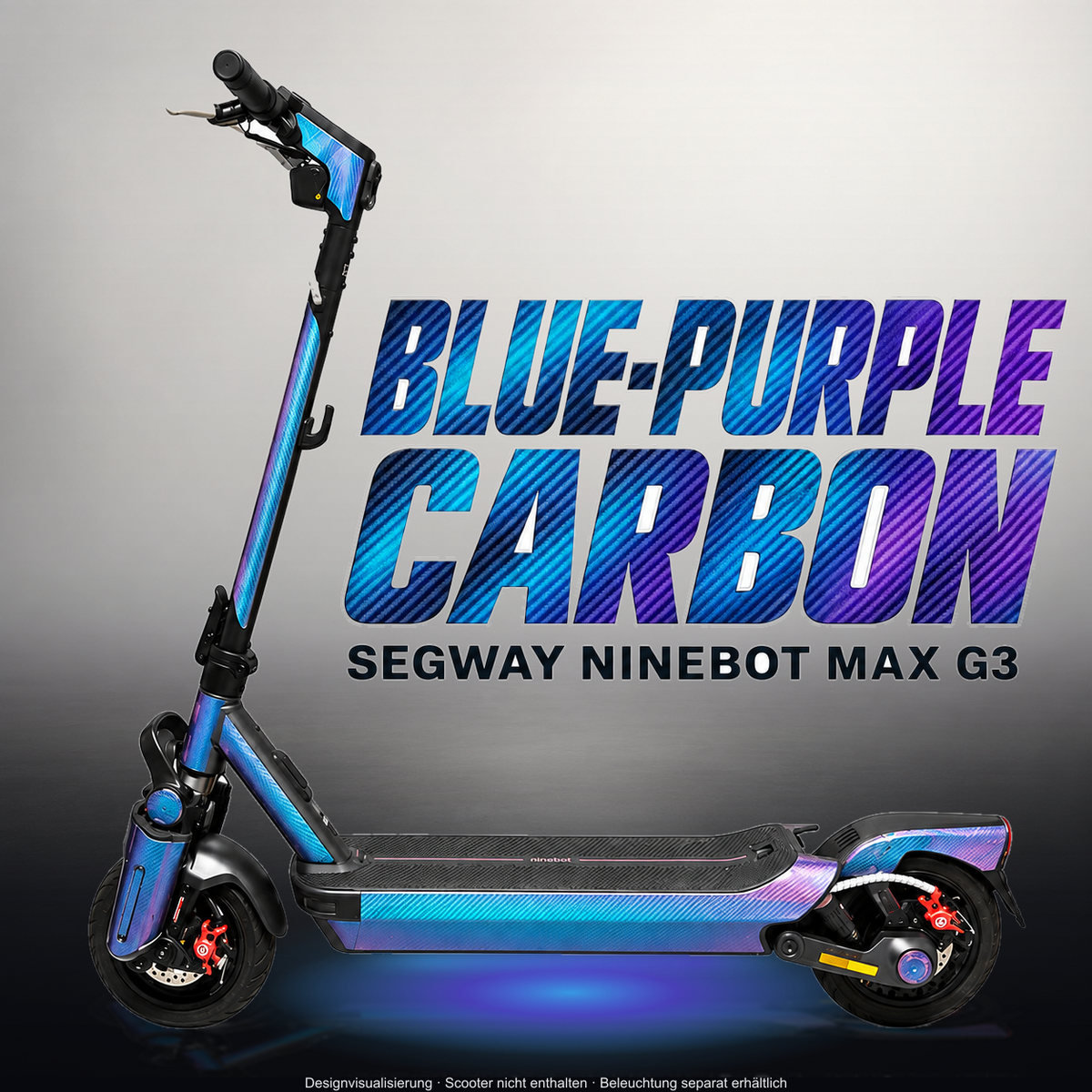 SEGWAY NINEBOT G3 / G3 D / G3 E SKIN | BLUE-PURPLE CARBON – Studiofoto mit Licht in der Skinfarbe; Scooter und Beleuchtung separat erhältlich