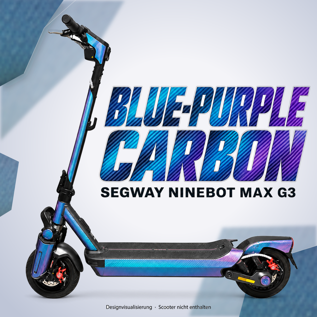 SEGWAY NINEBOT G3 SKIN | BLUE-PURPLE CARBON – Designvisualisierung am passenden Scooter. Scooter nicht enthalten.
