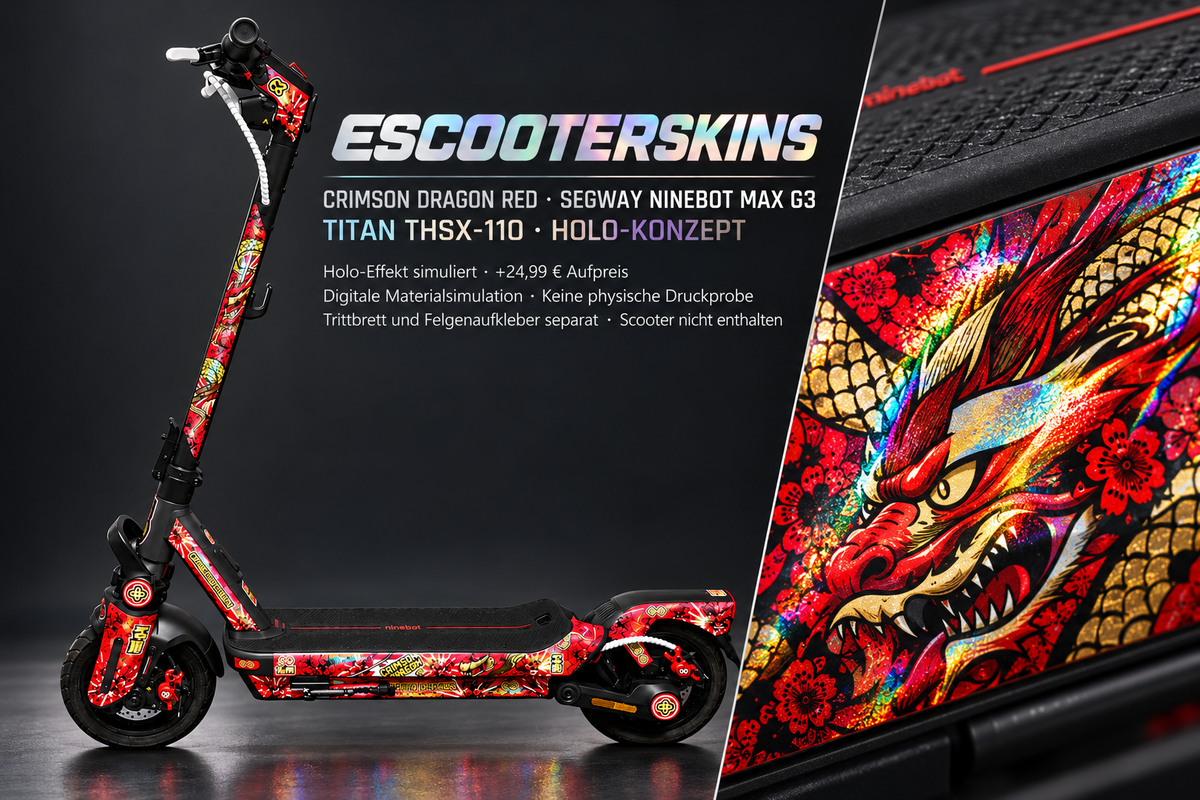 SEGWAY NINEBOT G3 / G3 D / G3 E SKIN | CRIMSON DRAGON RED – Holo-Effekt simuliert; +24,99 EUR Aufpreis. Digitale Materialsimulation, keine physische Druckprobe. Nur Body-Skin; Trittbrett und Felgenaufkleber separat; Scooter nicht enthalten.