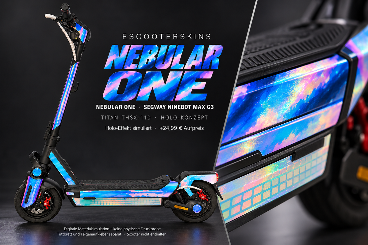 SEGWAY NINEBOT G3 / G3 D / G3 E SKIN | NEBULAR ONE – Holo-Effekt simuliert; +24,99 EUR Aufpreis. Digitale Materialsimulation, keine physische Druckprobe. Nur Body-Skin; Trittbrett und Felgenaufkleber separat; Scooter nicht enthalten.