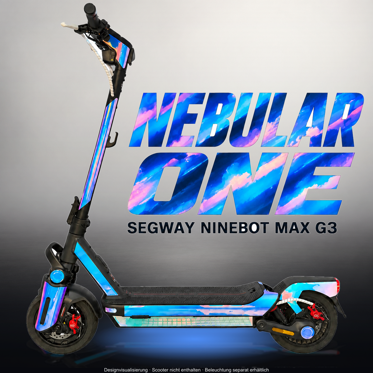 SEGWAY NINEBOT G3 / G3 D / G3 E SKIN | NEBULAR ONE – Studiofoto mit Licht in der Skinfarbe; Scooter und Beleuchtung separat erhältlich