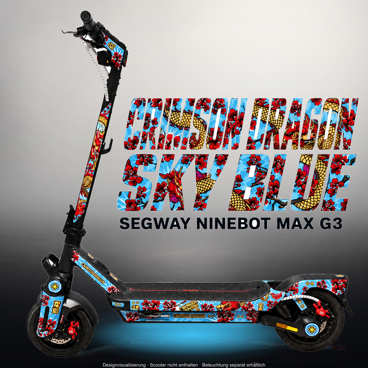 SEGWAY NINEBOT G3 / G3 D / G3 E SKIN | CRIMSON DRAGON SKY BLUE – Studiofoto mit Licht in der Skinfarbe; Scooter und Beleuchtung separat erhältlich