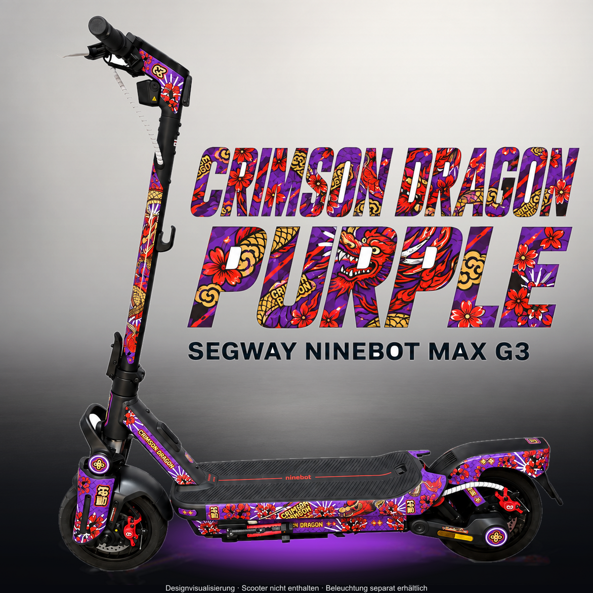 SEGWAY NINEBOT G3 / G3 D / G3 E SKIN | CRIMSON DRAGON PURPLE – Studiofoto mit Licht in der Skinfarbe; Scooter und Beleuchtung separat erhältlich