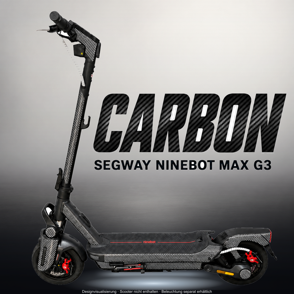 SEGWAY NINEBOT G3 / G3 D / G3 E SKIN | CARBON – Studiofoto mit passendem Unterbodenlicht; Scooter und Beleuchtung separat erhältlich